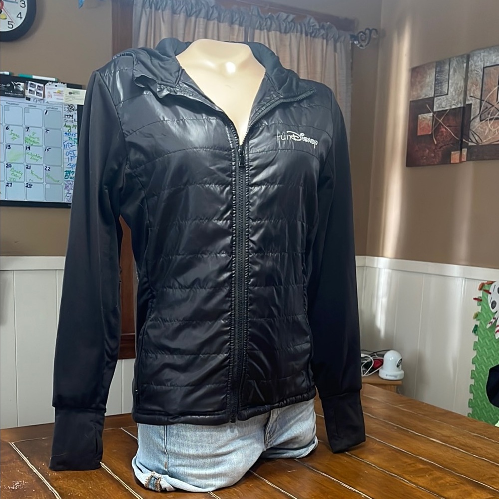 Disney Black Puffer Zip Run Disney Jacket with Hood size small